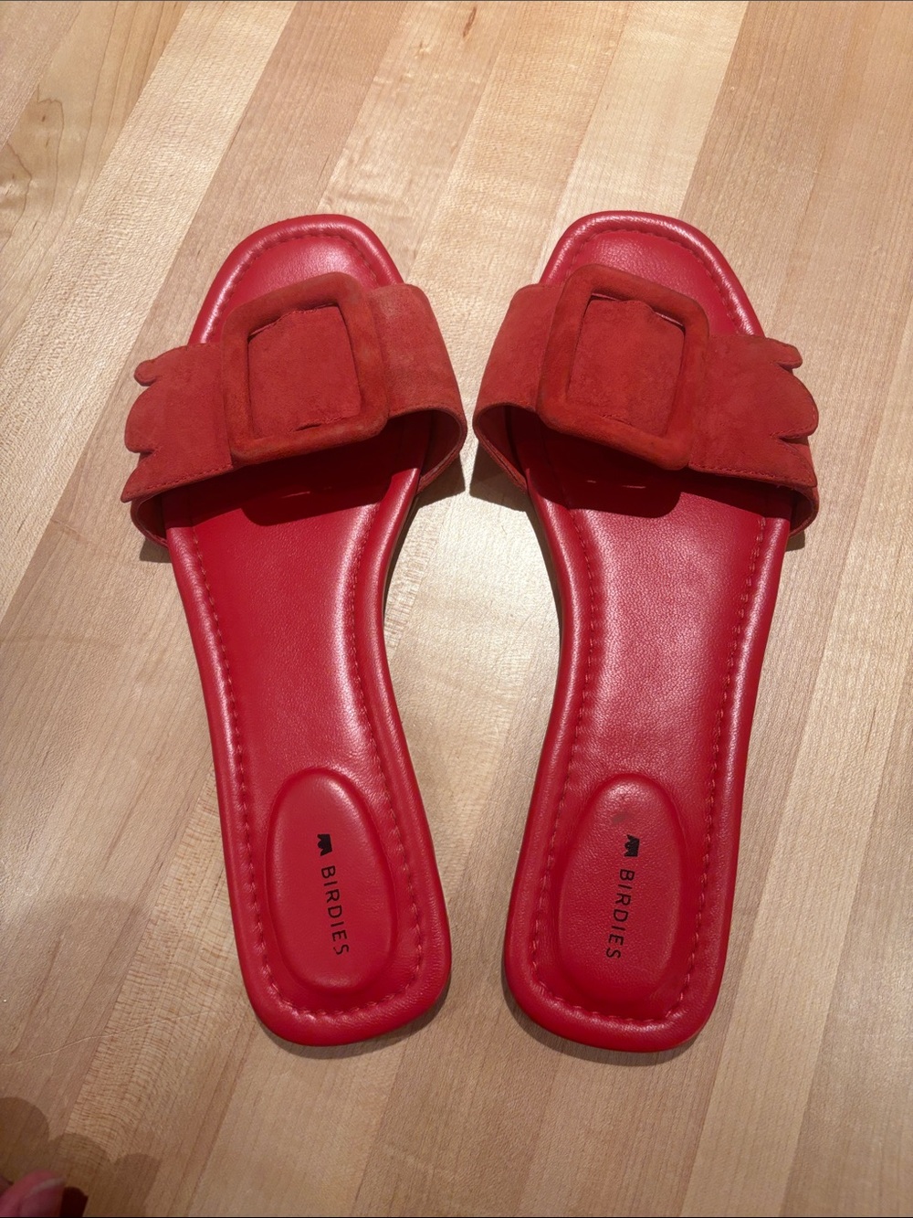 Birdies Red Suede Buckle Slide Mules